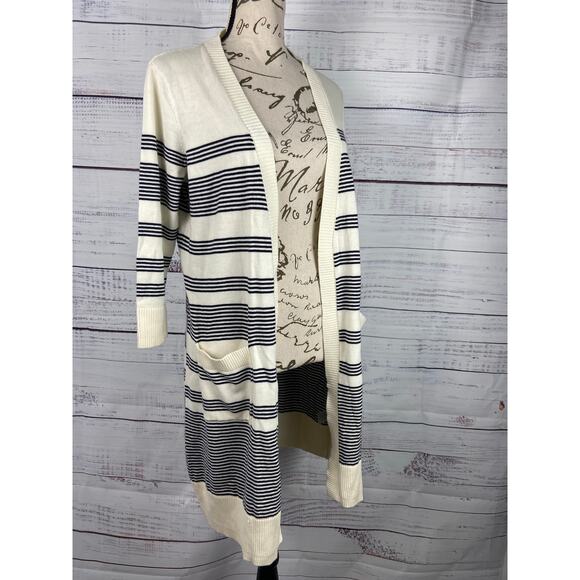 Talbots Cardigan Womens Sp Stripe Open Front Pockets Pima Cotton Knit 3/4 Sleeve - Picture 1 of 12